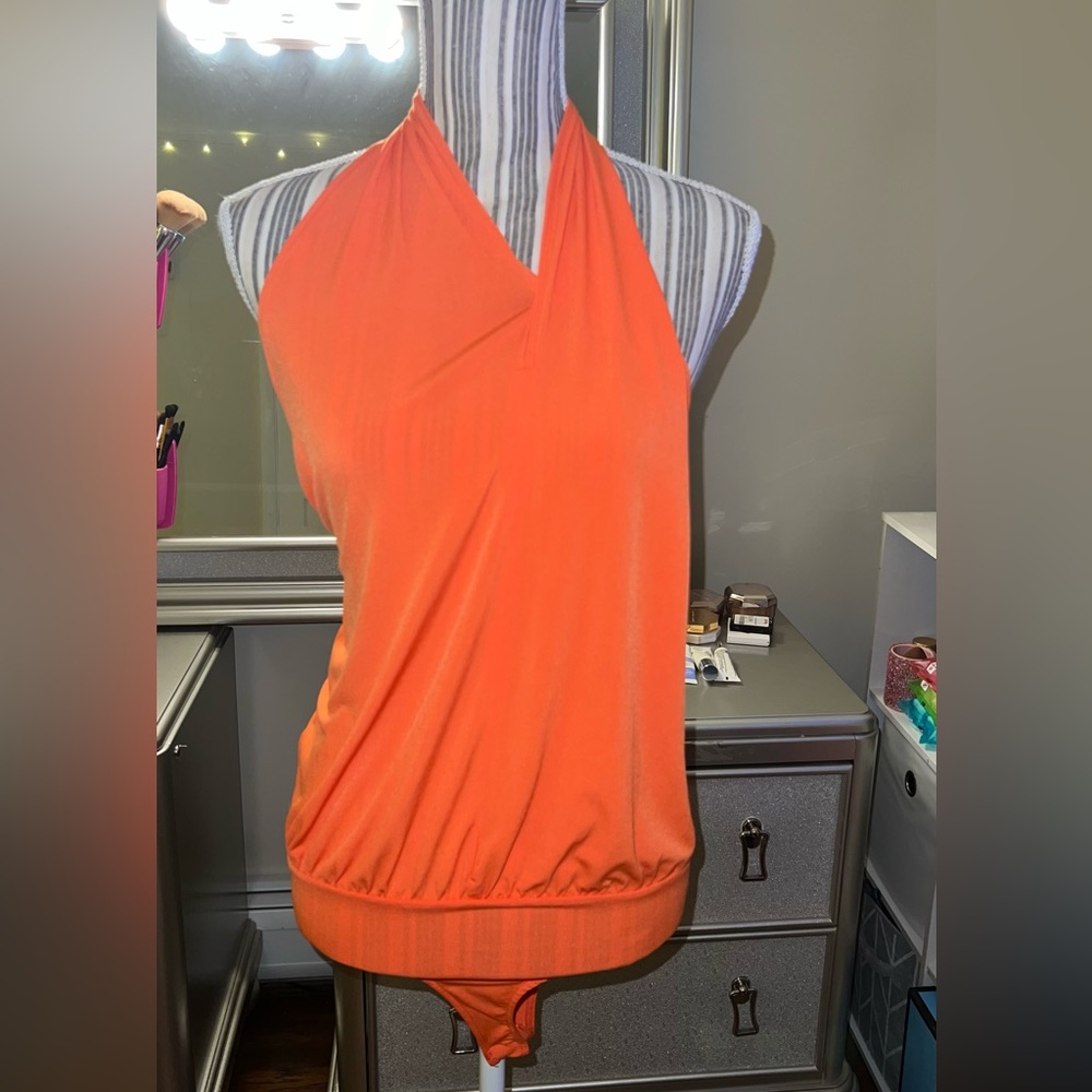 Orange tube top body suit size small with back out button up neck NWT